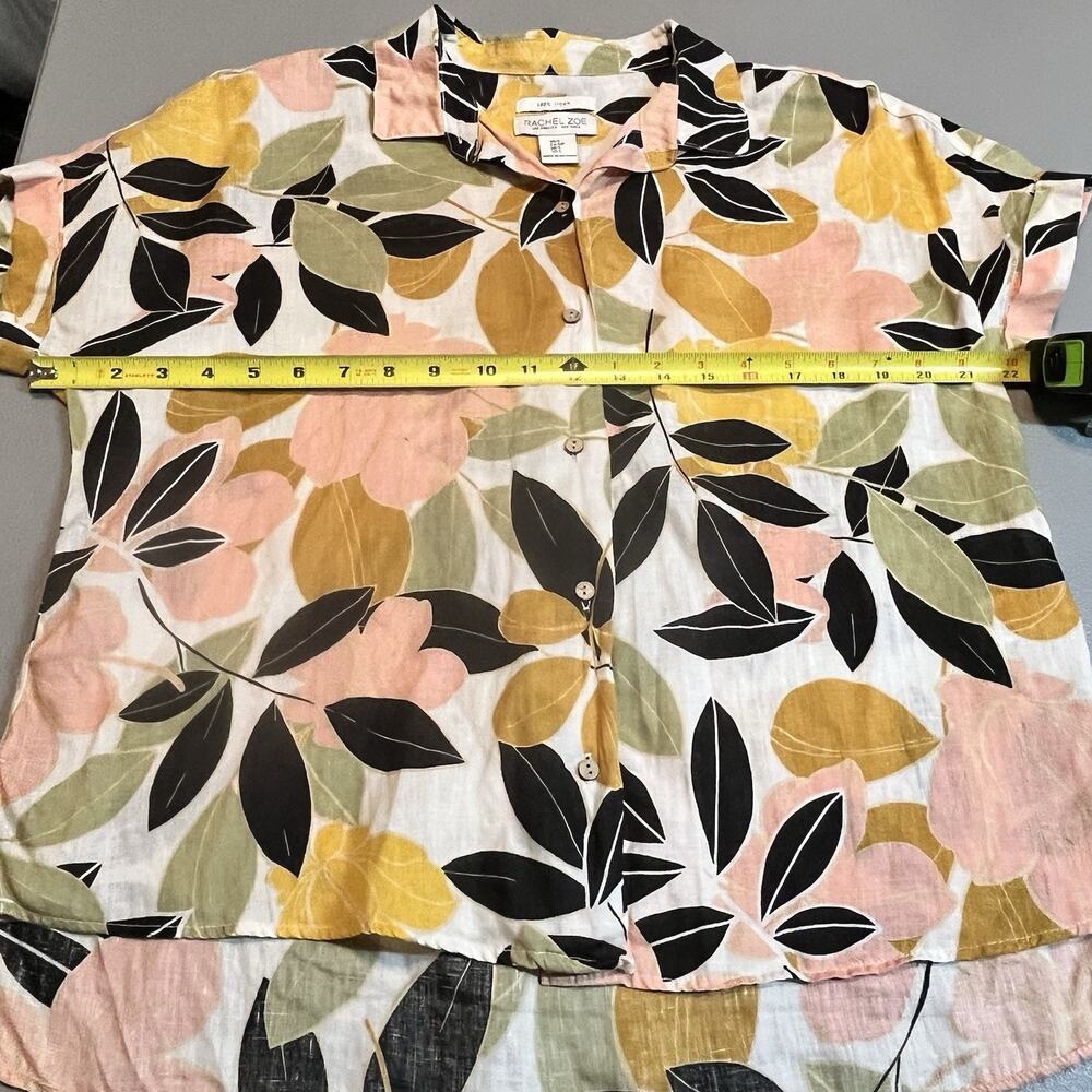 Rachel Zoe 100% Linen Top Botanical Tropical Leaves pleated buttonup small shirt - Picture 6 of 8